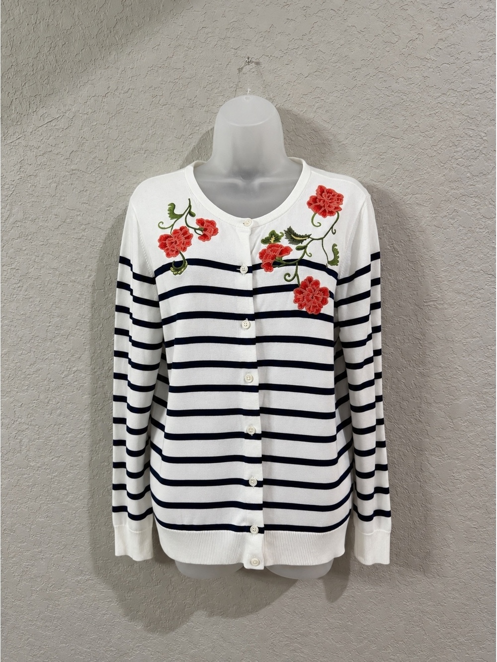 Lands’ End Women’s XL Ivory Navy Stripe Floral Embroidered Cardigan Sweater